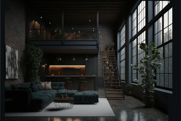 Modern interieur in donkere kleuren Loft