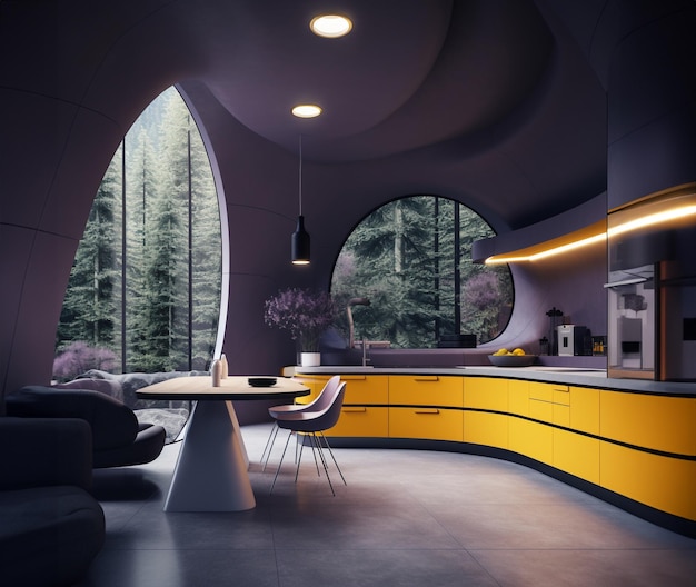 Modern interieur in het bos Grote raam ovale vormen Donker paars en geel Onroerend goed