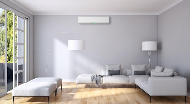 Modern interieur met airconditioning 3D-renderingillustratie