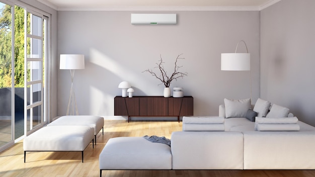 Modern interieur met airconditioning 3D-renderingillustratie