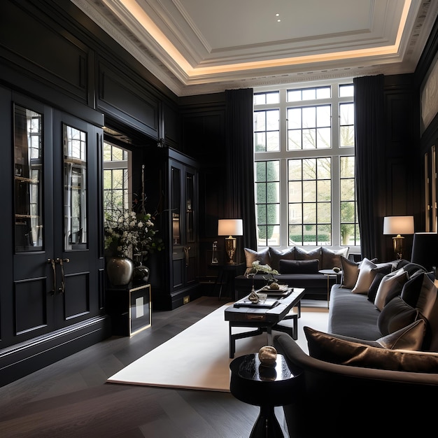modern interieur met deuren en ramen in zwart glans en luxe comfortabele zachte meubels