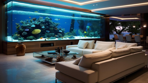 Modern interieur met groot aquarium in luxe huis of lobby generatieve AI Concept van eco-ontwerp van woonkamer natuur decor zakelijk eigentijds huis