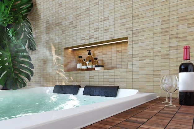 Modern interieur met jacuzzi, wijnfles, planten, houten vloer en lichte bakstenen muurachtergrond