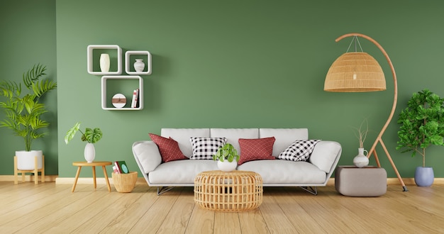 Modern interieur met stijlvolle sofa en rotan meubelen op groene muur achtergrond