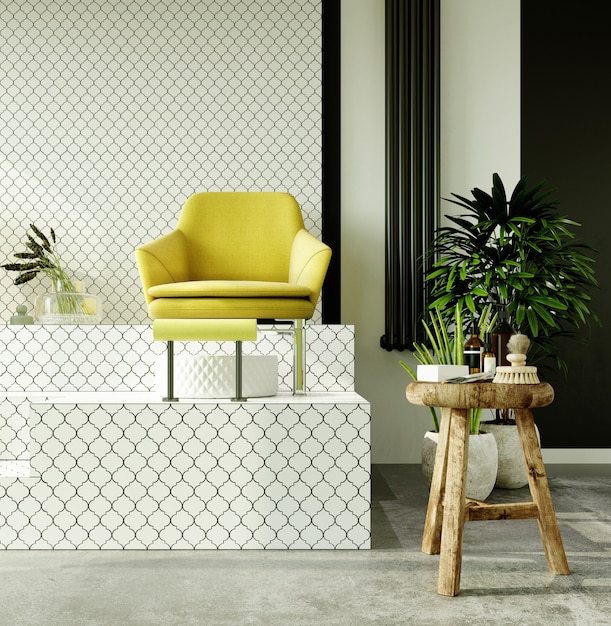 Modern interieur van een schoonheidssalon met witte tegelwanden en vloer, gele manicurestoelen
