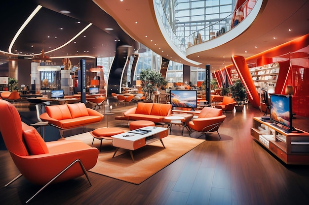 Modern interieur van een winkelcentrum met computers en boekenplanken