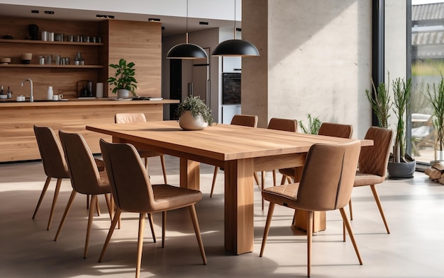 Modern interieur van houten eettafel met stoelen Generatieve AI