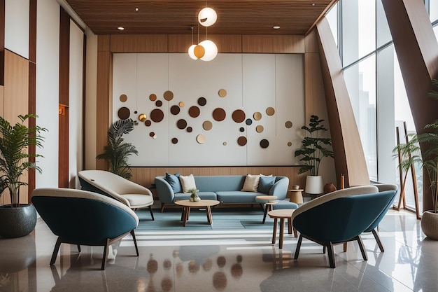 Modern interieur van lobby met ongewoon meubilair