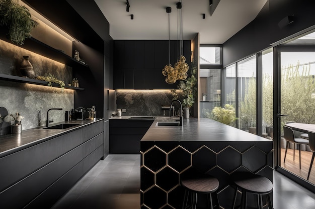 Modern interieur van luxe zwarte donkere keuken