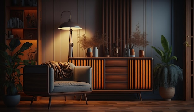 Modern interieur van woonkamer met houten kast Generatieve AI