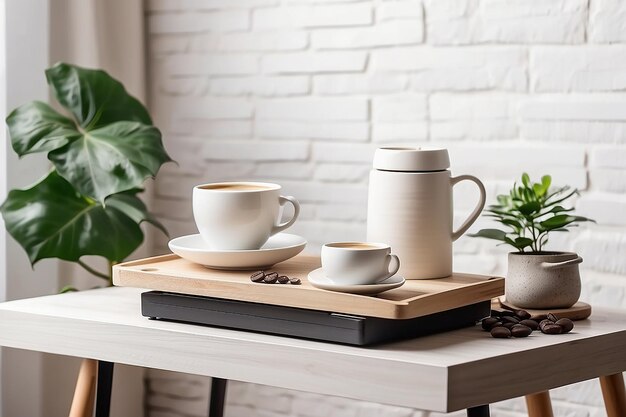 Photo modern interion small coffee table with cup and decor on the white brick wall background