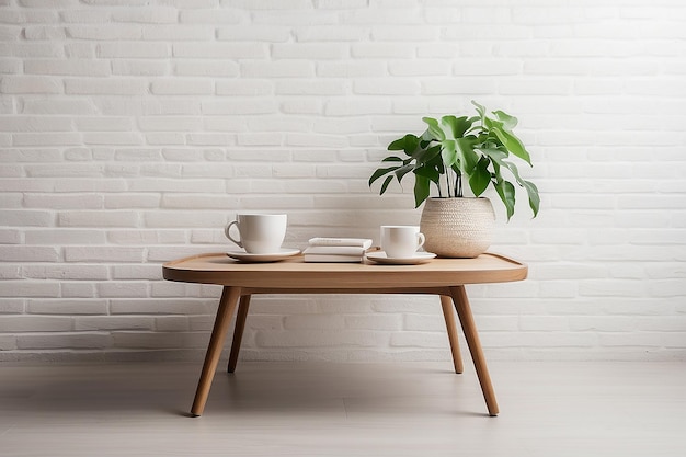 Современный интерьон Небольшой кофейный стол с чашей и декором на белом кирпичном фоне стены