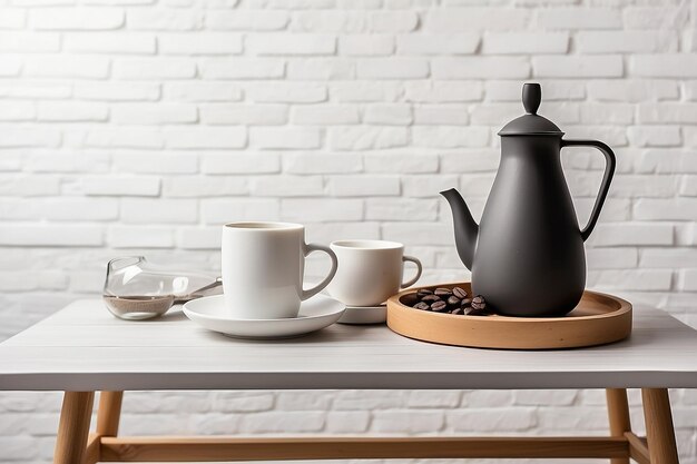 Photo modern interion small coffee table with cup and decor on the white brick wall background