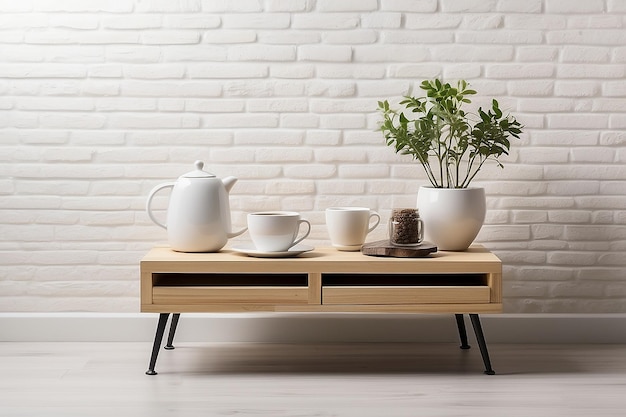 Modern interion Small coffee table with cup and decor on the white brick wall background