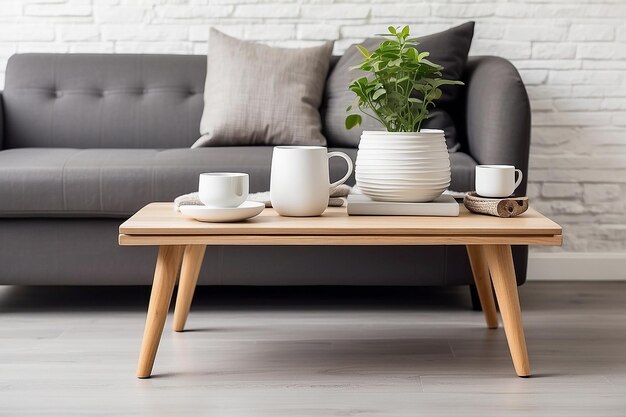 Photo modern interion small coffee table with cup and decor on the white brick wall background