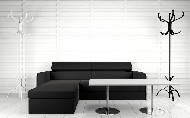 Modern interior.3d interior architecture.Modern sofa and table in black and white toned.