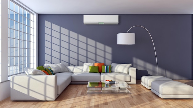 Modern interior apartment with air conditioning 3D rendering illustration