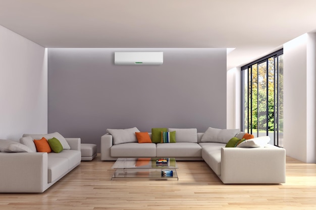 Modern interior apartment with air conditioning 3D rendering illustration