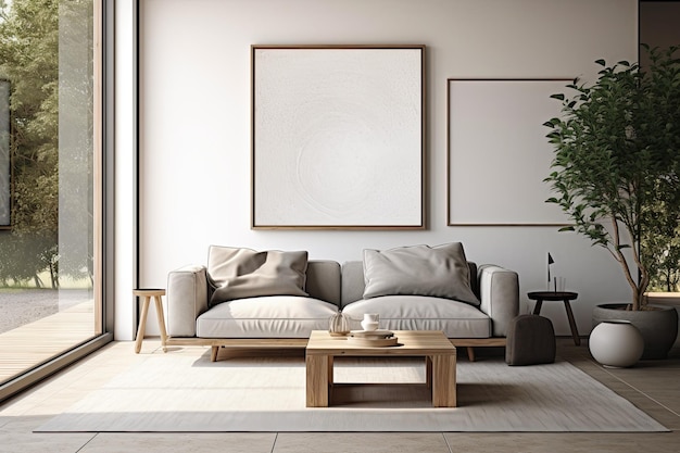 A modern interior background in a Scandinavianstyle living room showcases a poster frame The frame is shown in a render