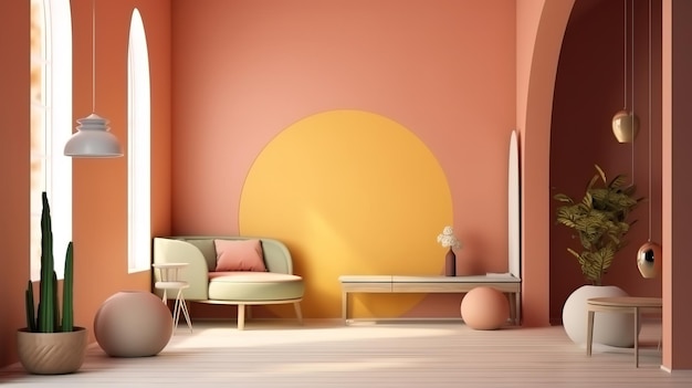 Modern interior background wall mock up 3d render Bright color Generative Ai