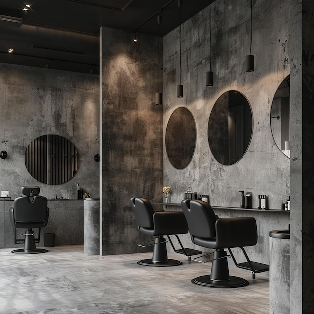 Modern interior of the beauty salon which consist of nail salon and barbershop with black lamps