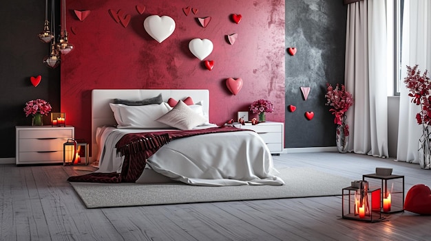 Современный интерьер спальни, украшенный на День святого Валентина