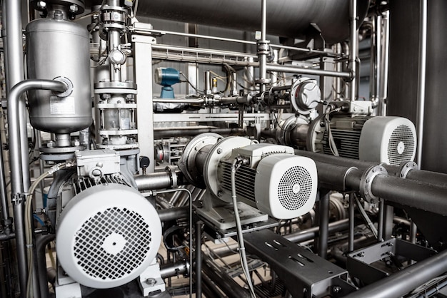 Modern interior of a beverage plant with barrels and pipes