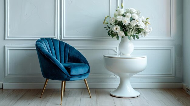 Charme interno moderno con sedia di velluto e bouquet su tavolo bianco