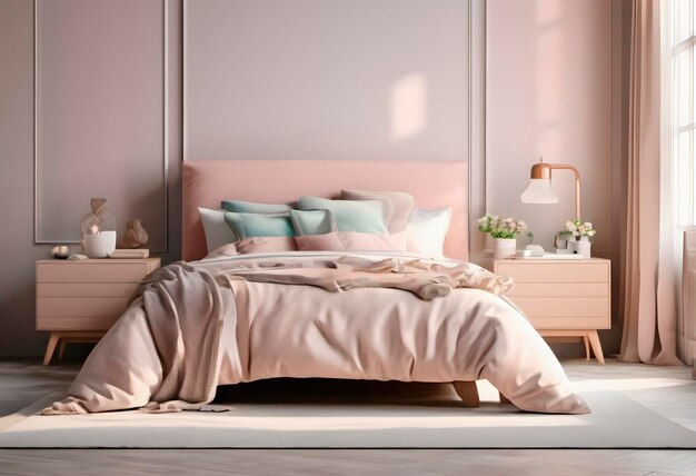 Modern interior of cosy bedroom in white and creamy colors AI generated