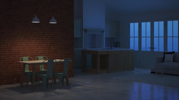 Modern interior of a country house. Night. Evening lighting. 3D rendering.