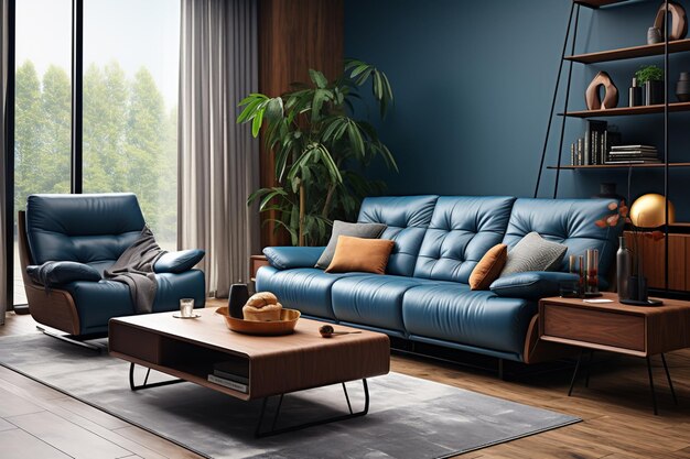 Photo modern interior in dark blue colors