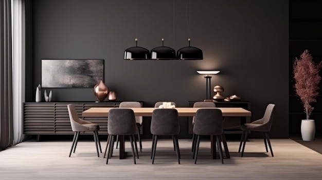 Современный дизайн интерьера столовой квартиры со столом и стульями, пустая гостиная, темная стена