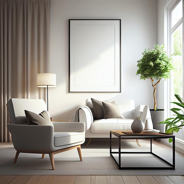 Кресло-софа современного дизайна интерьера в гостиной с окнами и макетом постера