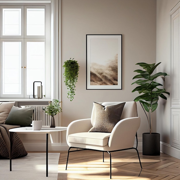 Foto poltrona dal design moderno per interni nel soggiorno con finestre vicine e finta cornice per poster