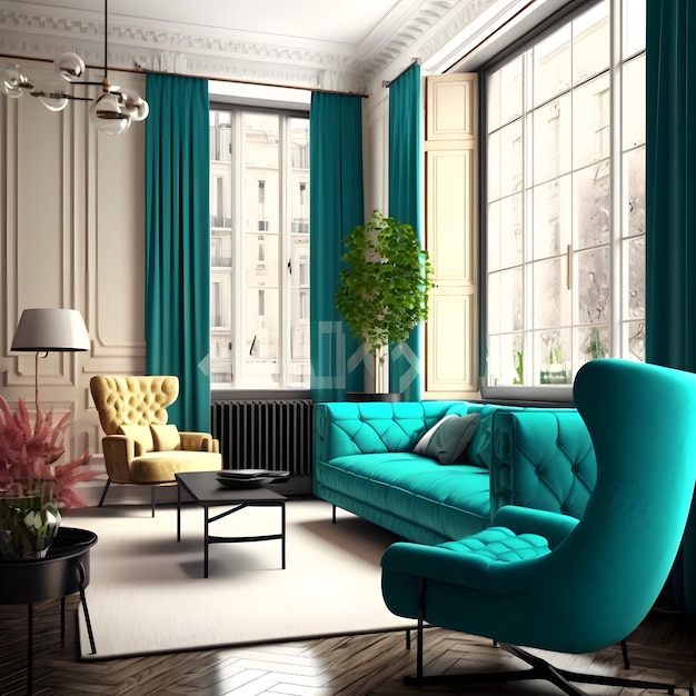 Modern interior design of cozy apartment living room with beige sofa turquoise armchairs Room with w