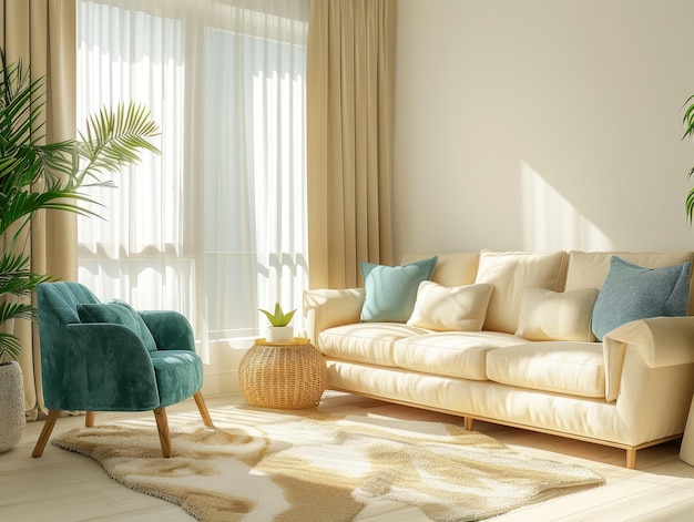 Modern interior design of cozy apartment living room with beige sofa turquoise armchairs