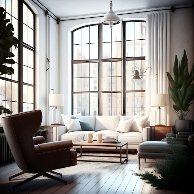 Modern interior design of cozy apartment living room with white sofa armchairs Room with big window 3d rendering