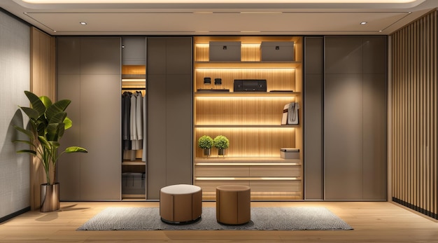 Modern interior design of a dressing room with modern wardrobe shelves on the wall