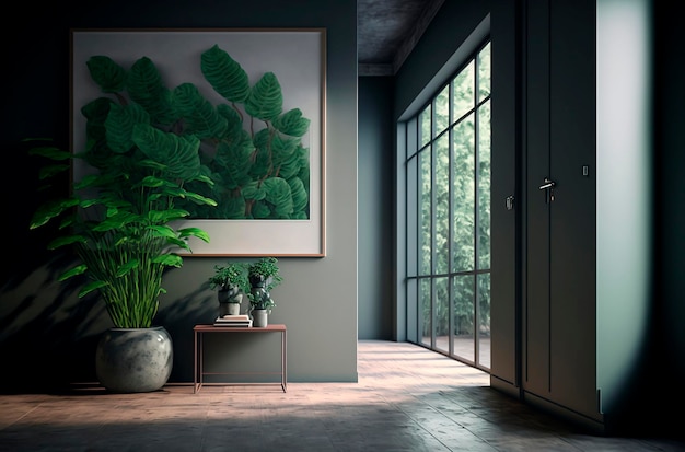 Modern interior design of a gray corridor with plants