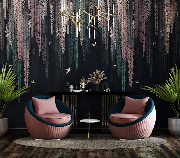 modern interior design for the living room in blue and pink colors a wall of wallpaper of tropical
