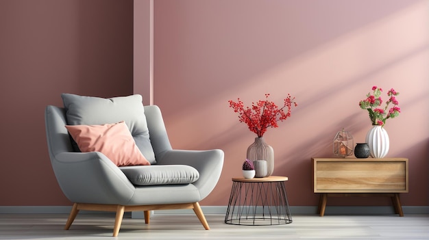 современный дизайн интерьера гостиной и розового кресла