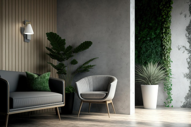 Modern interior design for a living room or reception area with a sofa and armchair a table and a plant on a wood floor and a concrete wall