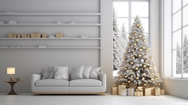 Modern interior design living room with Christmas New Year decorations toys gifts fir tree