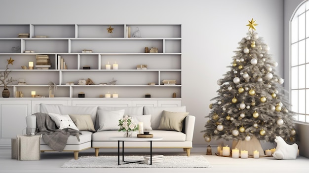 Modern interior design living room with Christmas New Year decorations