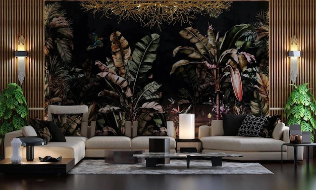 Modern interior design for the living room with dark balloons and wallpaper of banana palm trees and