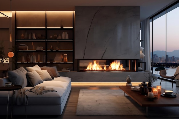 A modern interior design of the living room with a fireplace Generative Ai