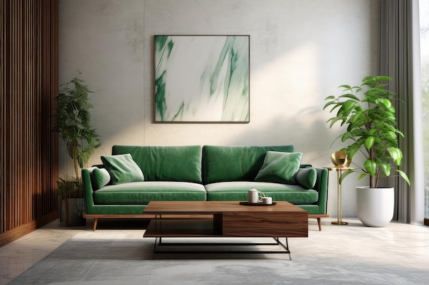 Modern interior design of living room with green sofa