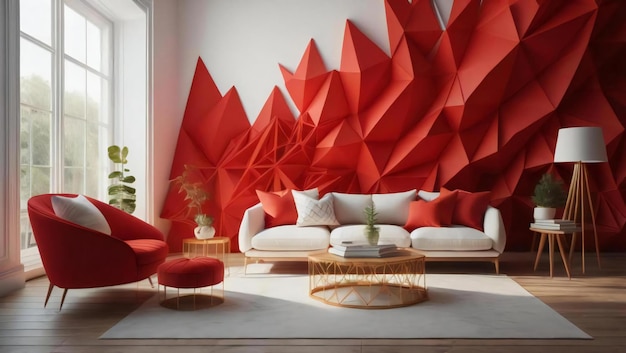 Modern interior design of living room with red wall and white sofa generative ai