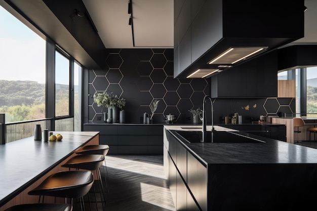 럭셔리 블랙 다크 주방의 현대적인 인테리어 디자인