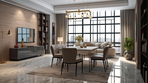Foto il moderno interior design del pavimento in marmo e la lampada a sospensione con divano e tavolo da pranzo generative ai aig27